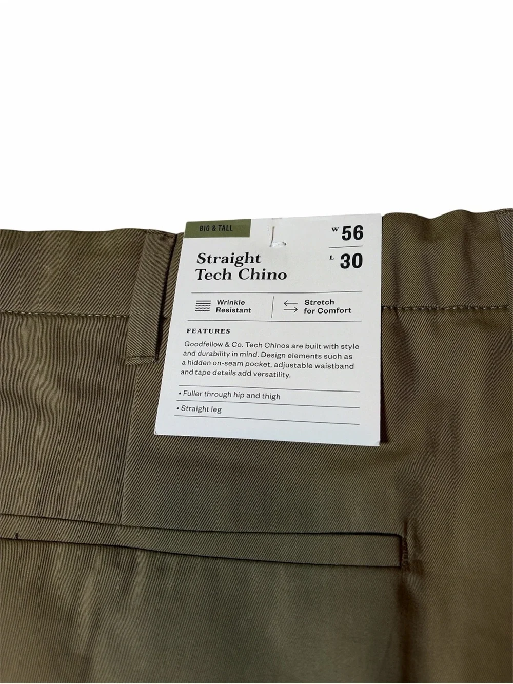 Tan Chino Big Tall Pants Men's 56 x 30 Good Fellow Straight